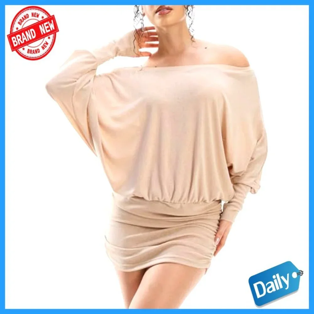 Long Sleeve Batwing Mini Dress Off Shoulder Ruched Sheer Oversized Casual